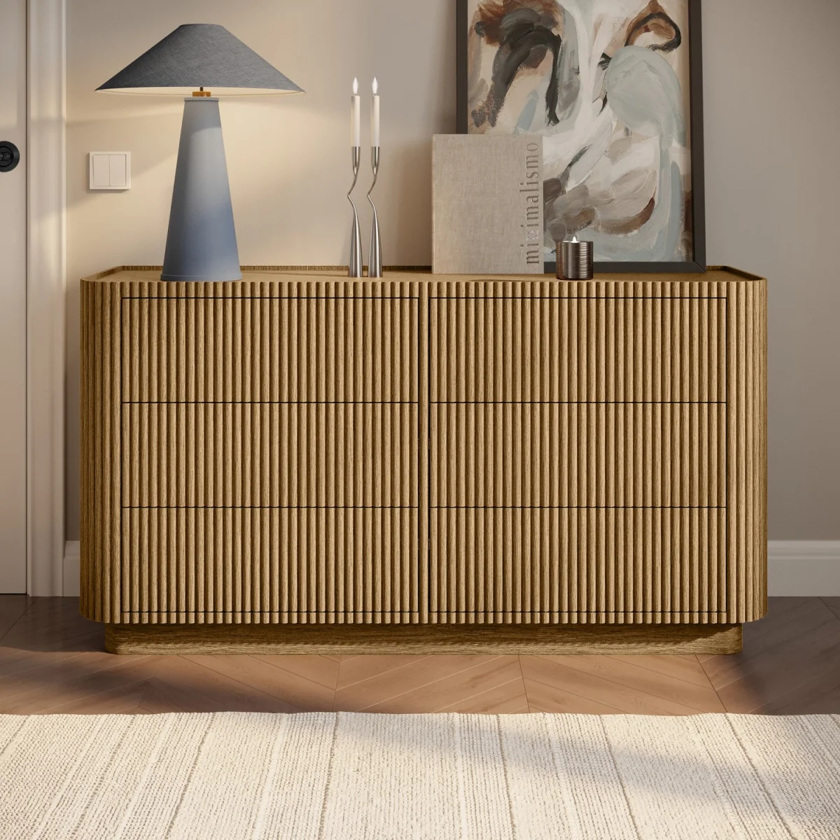 Natural Oak Ribbed 6 Drawer Large Chest of Drawers - Fully Assembled - Drew – image 1