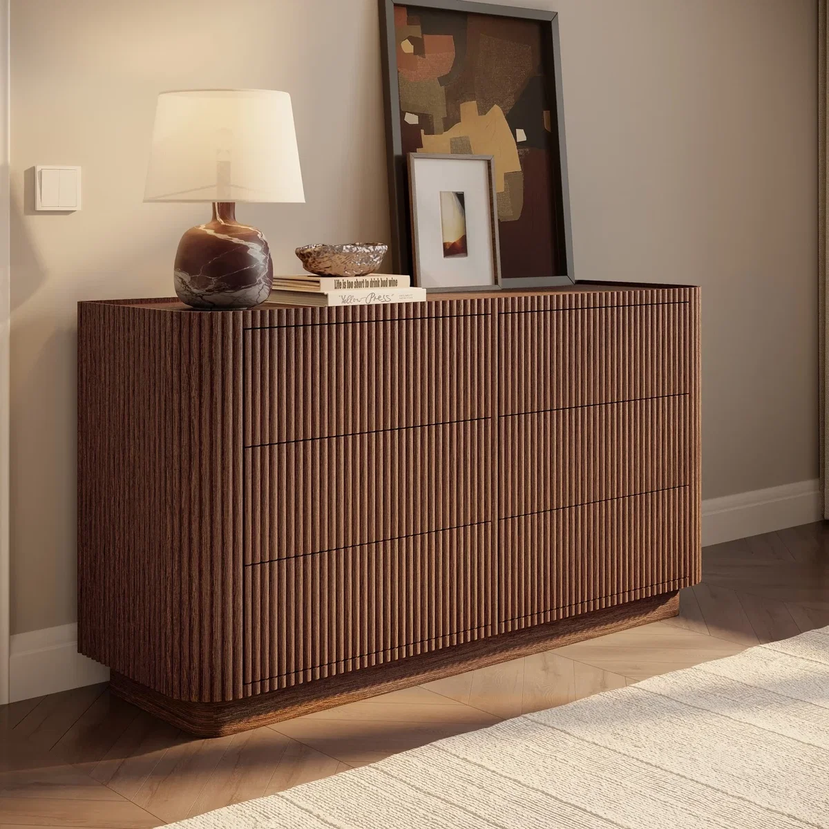Walnut Ribbed 6 Drawer Wide Chest of Drawers - Fully Assembled - Drew – image 2