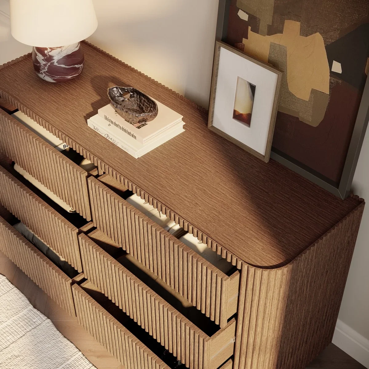 Walnut Ribbed 6 Drawer Wide Chest of Drawers - Fully Assembled - Drew – image 3