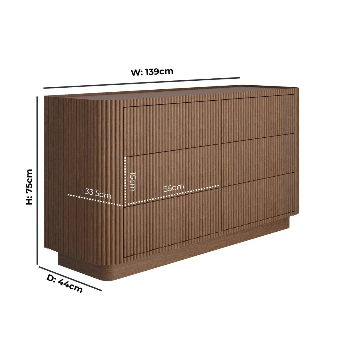 Walnut Ribbed 6 Drawer Wide Chest of Drawers - Fully Assembled - Drew – image 4