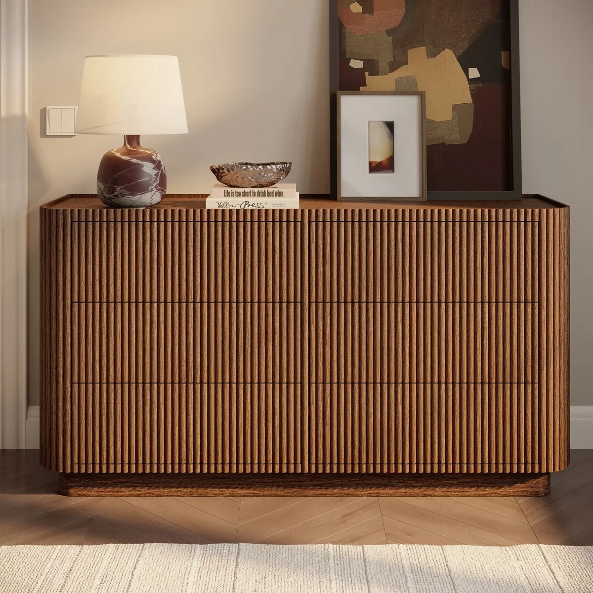 Walnut Ribbed 6 Drawer Wide Chest of Drawers - Fully Assembled - Drew – image 1