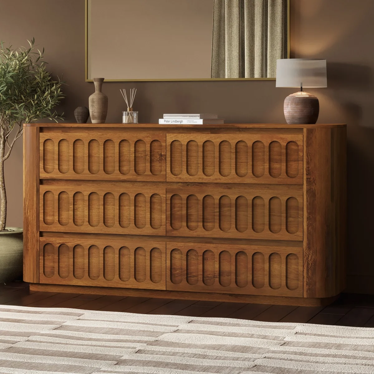 Wide Dark Wood Curved 6 Drawer Chest of Drawers - Fully Assembled - Meena – image 2