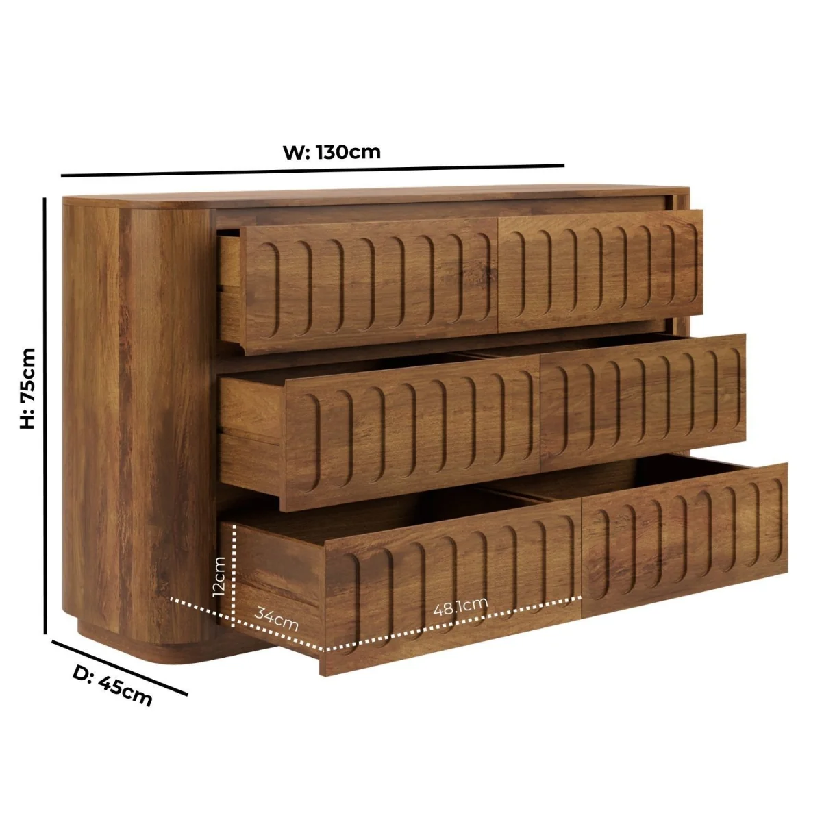 Wide Dark Wood Curved 6 Drawer Chest of Drawers - Fully Assembled - Meena – image 3