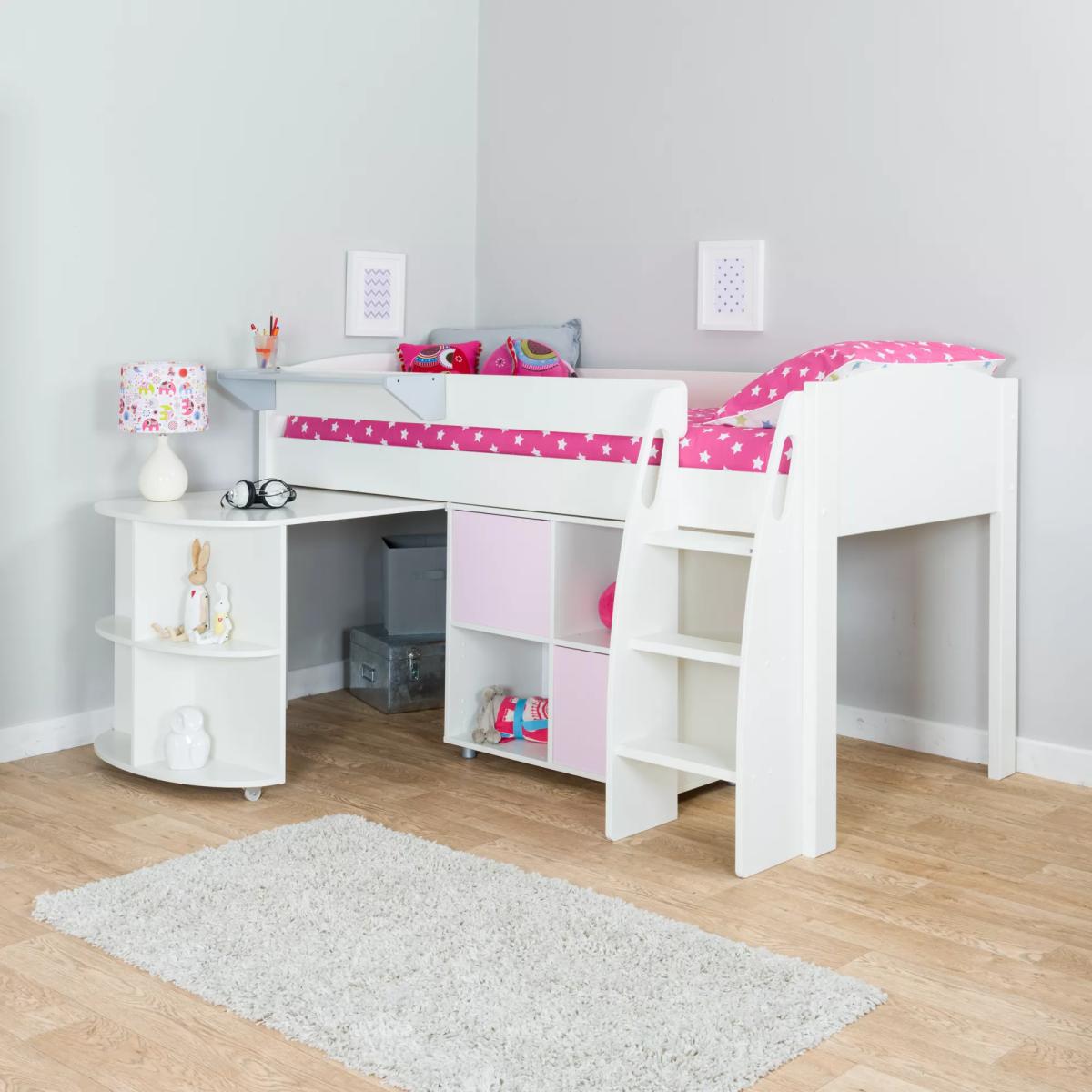 Stompa Uno S Plus Mid-Sleeper with White Headboard, Pull-Out Desk and 2 Door Cube Unit – image 3
