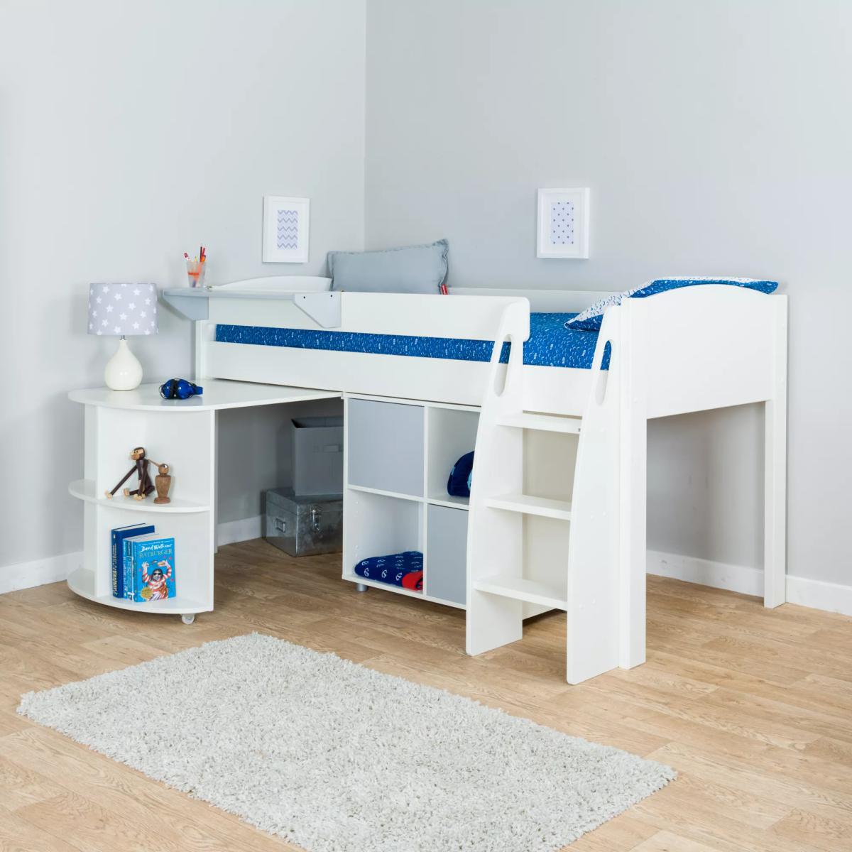 Stompa Uno S Plus Mid-Sleeper with White Headboard, Pull-Out Desk and 2 Door Cube Unit – image 3
