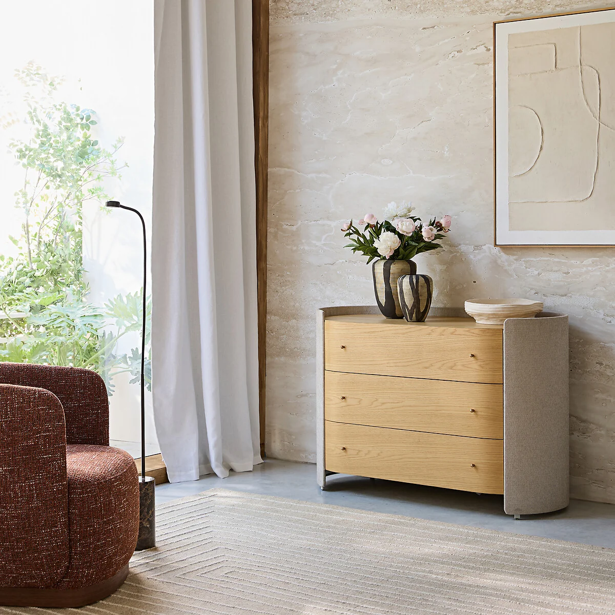 Firmo Chest of Drawers with 3 Drawers in Oak Veneer and Fabric – image 2