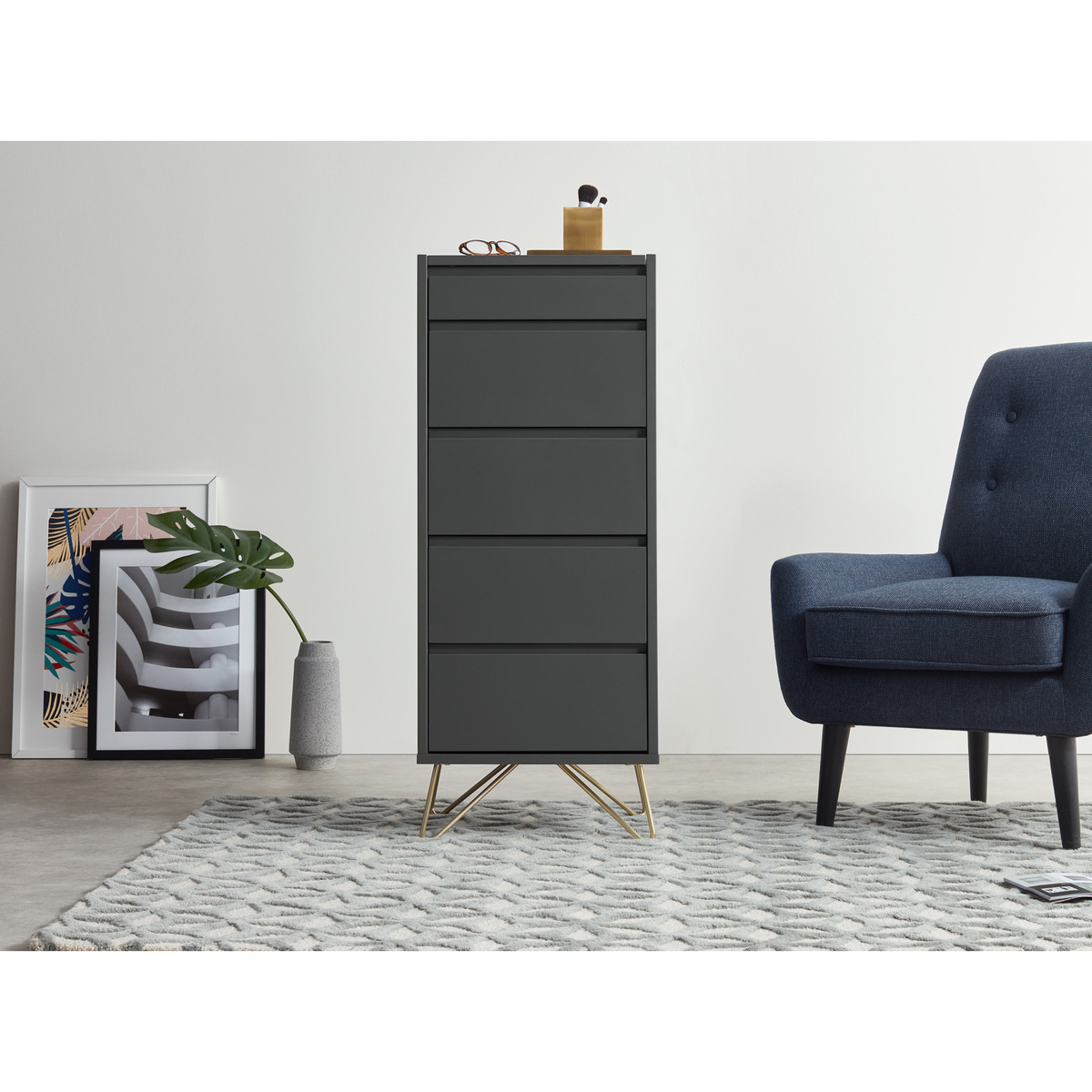 Elona Vanity Chest Of Drawers, Charcoal and Brass – image 3