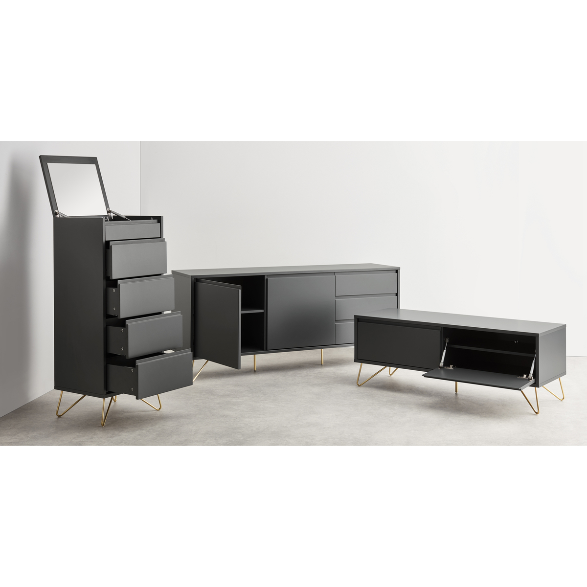 Elona Vanity Chest Of Drawers, Charcoal and Brass – image 8
