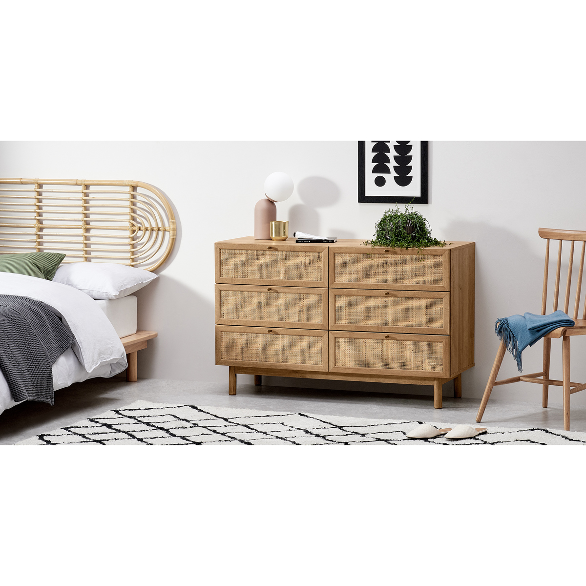 Pavia Wide Chest of Drawers, Natural Rattan & Oak Effect – image 3