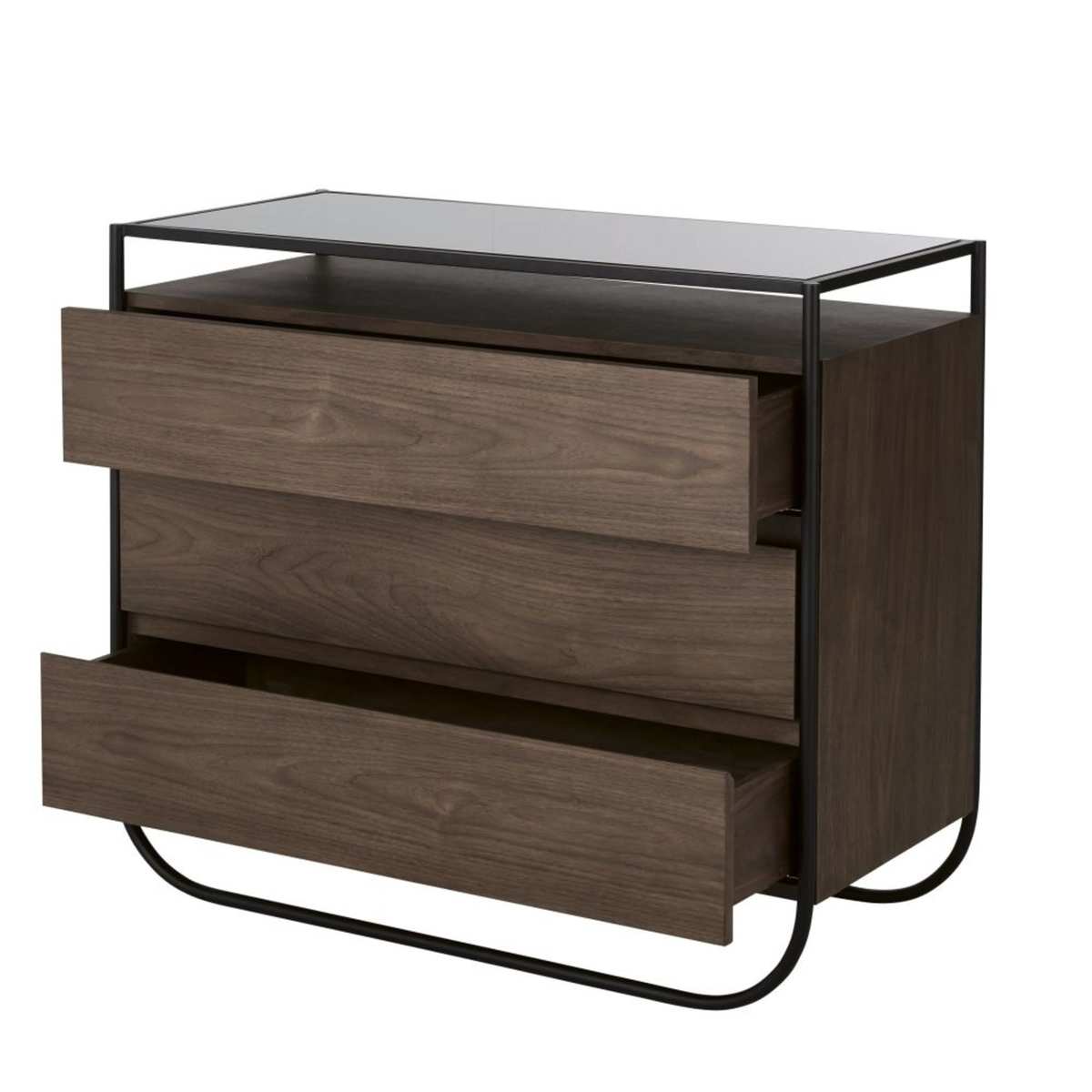 3-drawer imitation walnut chest of drawers with toughened glass and black metal Spiga – image 2