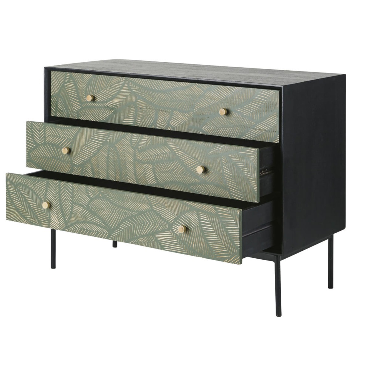 3-drawer black carved mango wood chest of drawers with leaf motifs Manaos – image 2