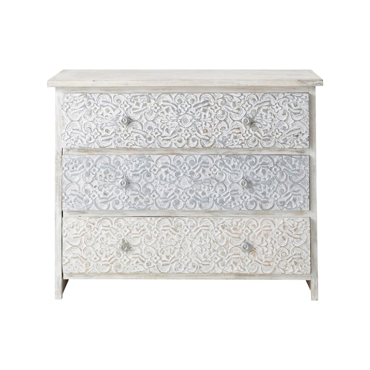 Solid mango wood carved Indian chest of drawers in white W 100cm Namaste – image 1