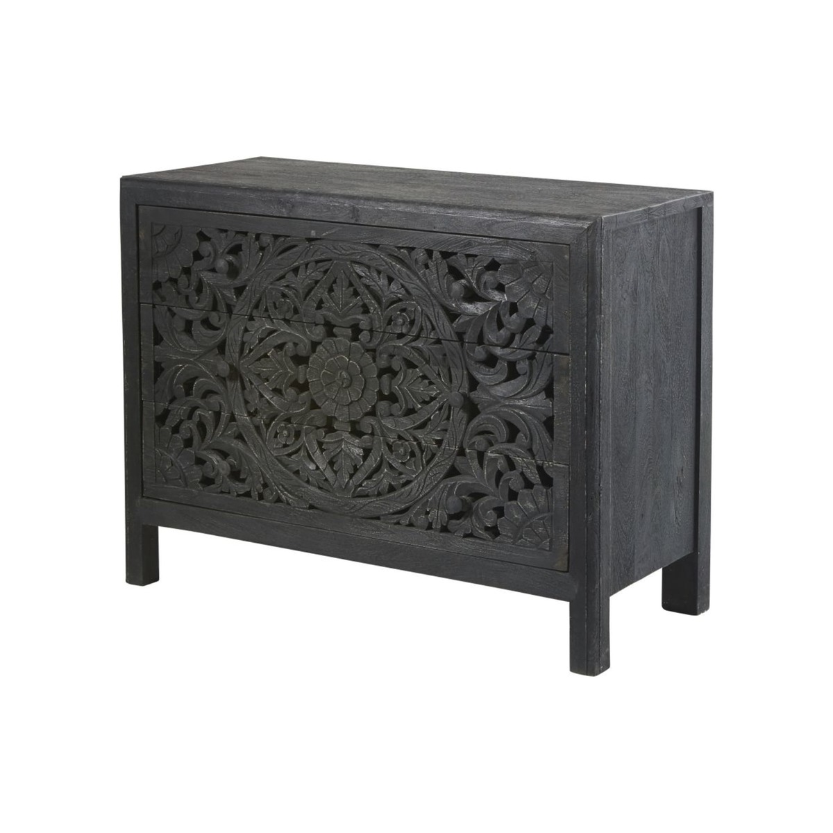 Black Carved Solid Mango Wood 3-Drawer Chest Kerala – image 2