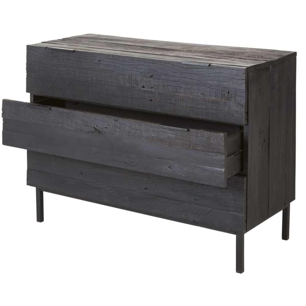 3-drawer chest of drawers made of black recycled wood and matt black metal Akao – image 2