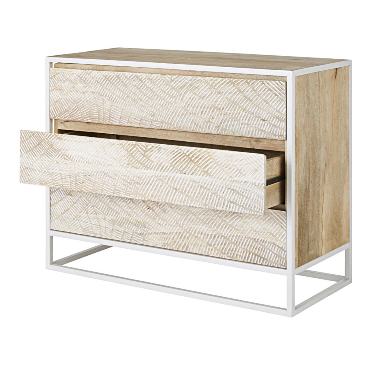 3-door chest of drawers in carved solid mango wood and white metal Boracay – image 3