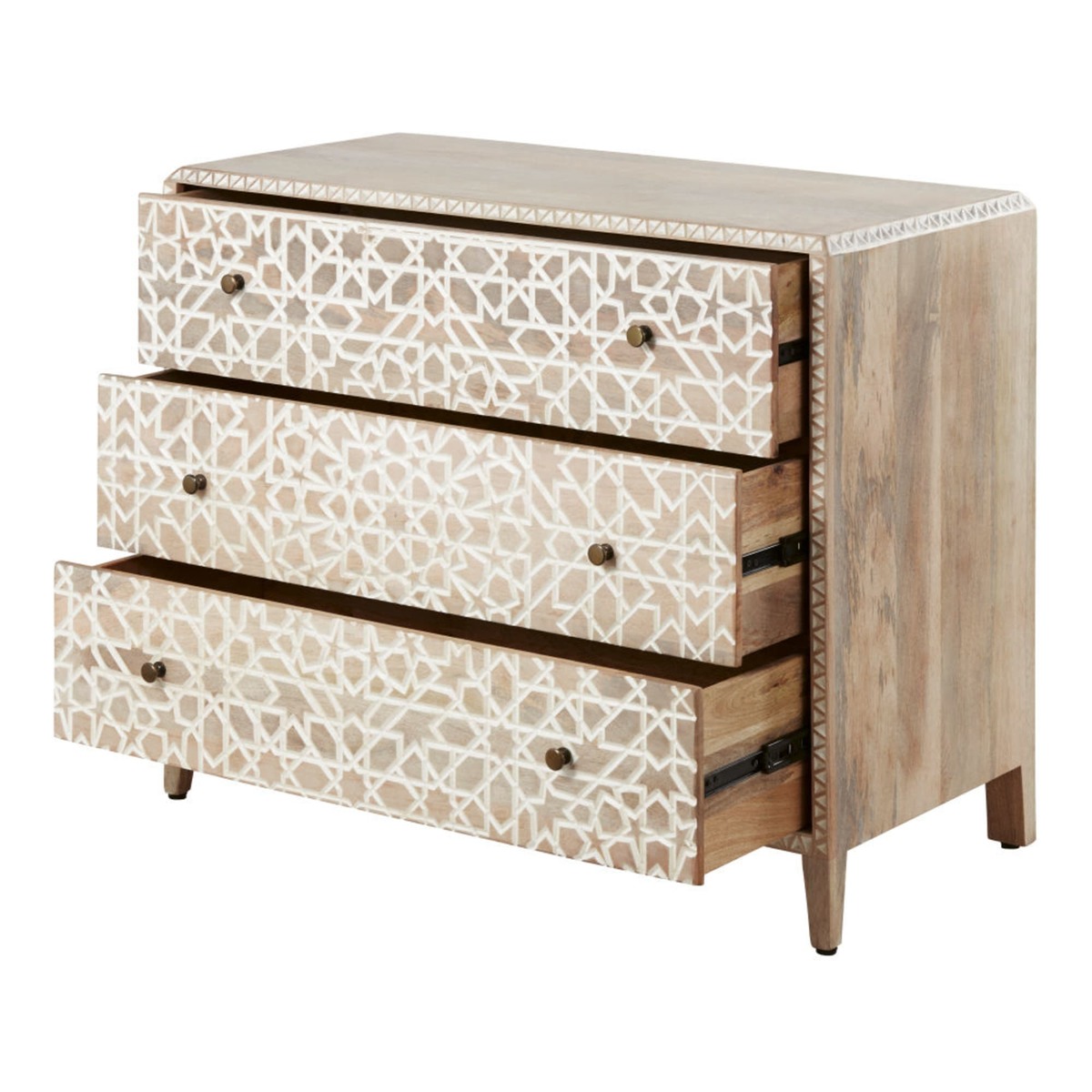 3-drawer whitewashed carved solid mango wood chest of drawers Oudaya – image 2