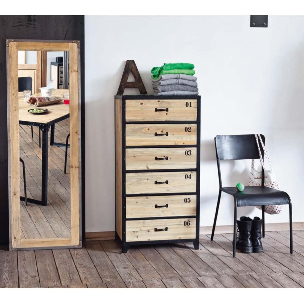 Indstrial Black Metal and Fir Wood 6-Drawer Tall Chest of Drawers Docks – image 4