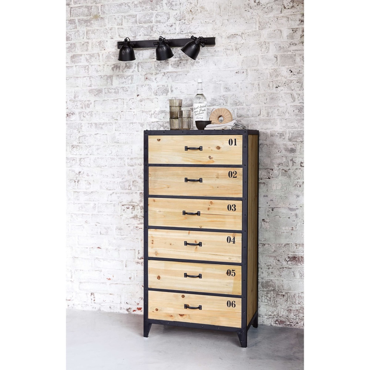 Indstrial Black Metal and Fir Wood 6-Drawer Tall Chest of Drawers Docks – image 5