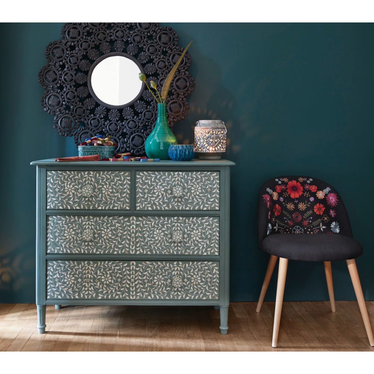 4-Drawer Chest of Drawers in Khaki with Floral Print Anoushka – image 7