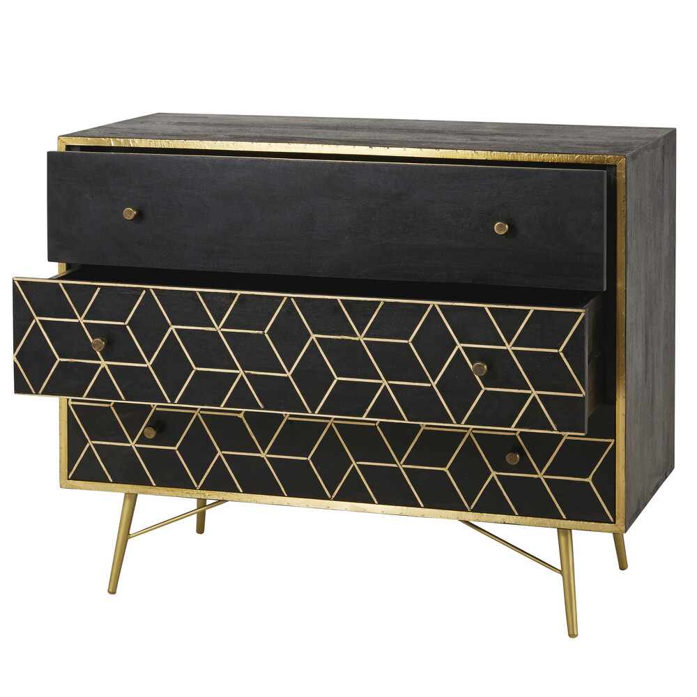 Gold Metal and Black Solid Mango Wood 3-Drawer Chest – image 7