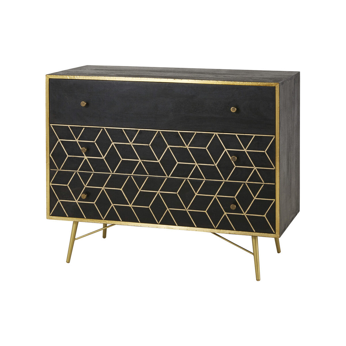 Gold Metal and Black Solid Mango Wood 3-Drawer Chest – image 2