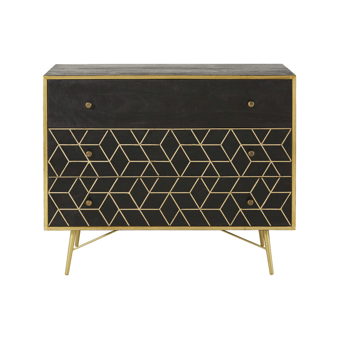 Gold Metal and Black Solid Mango Wood 3-Drawer Chest – image 1