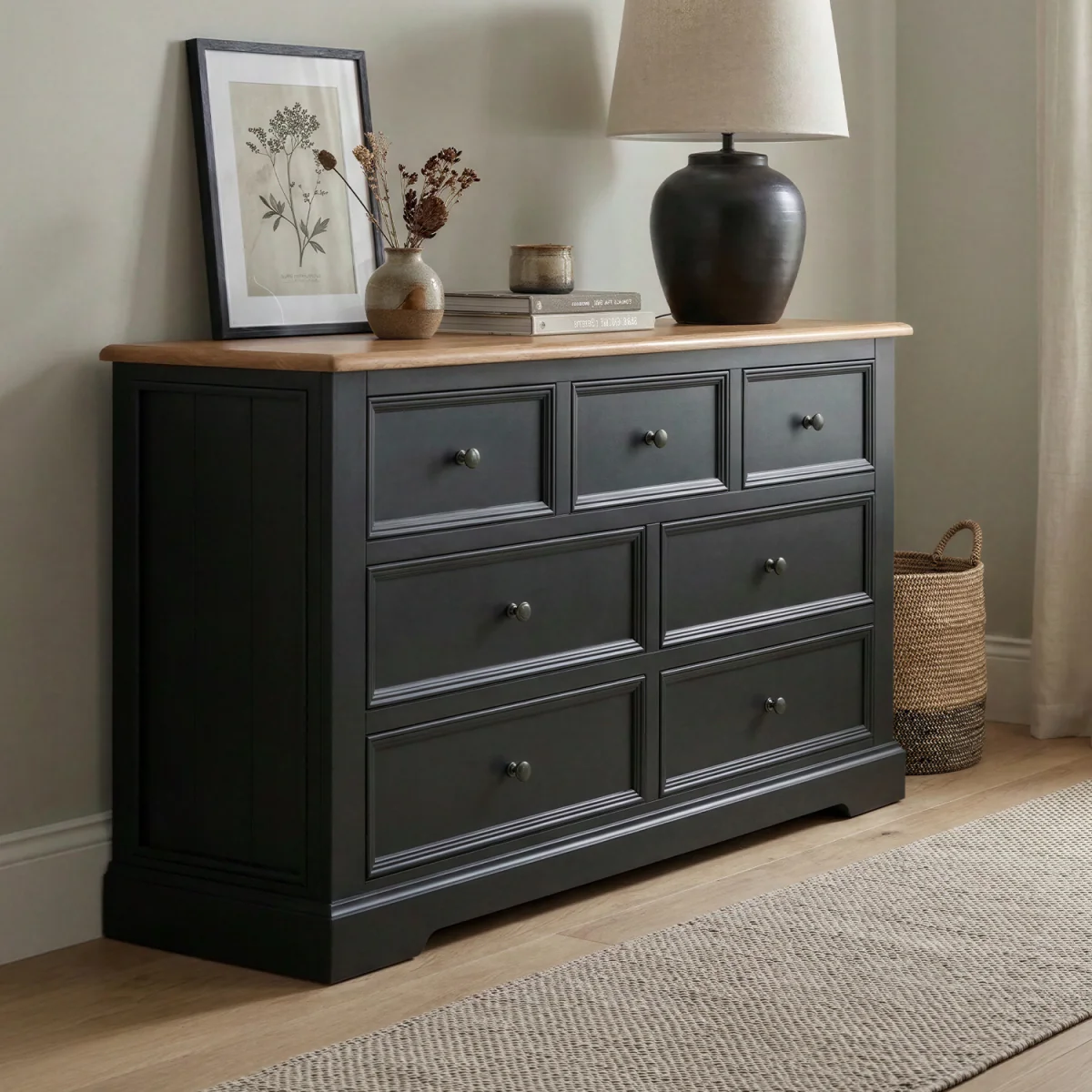 Charlton Oak and Black Painted Wide Chest Of Drawers – image 2