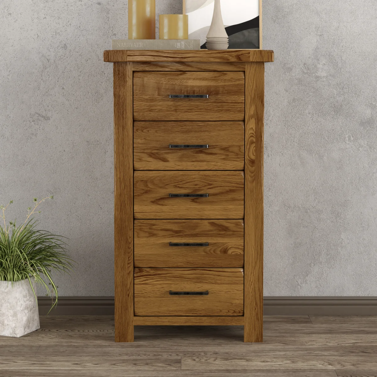Harrogate Rustic Solid Oak 5 Drawer Tallboy – image 2