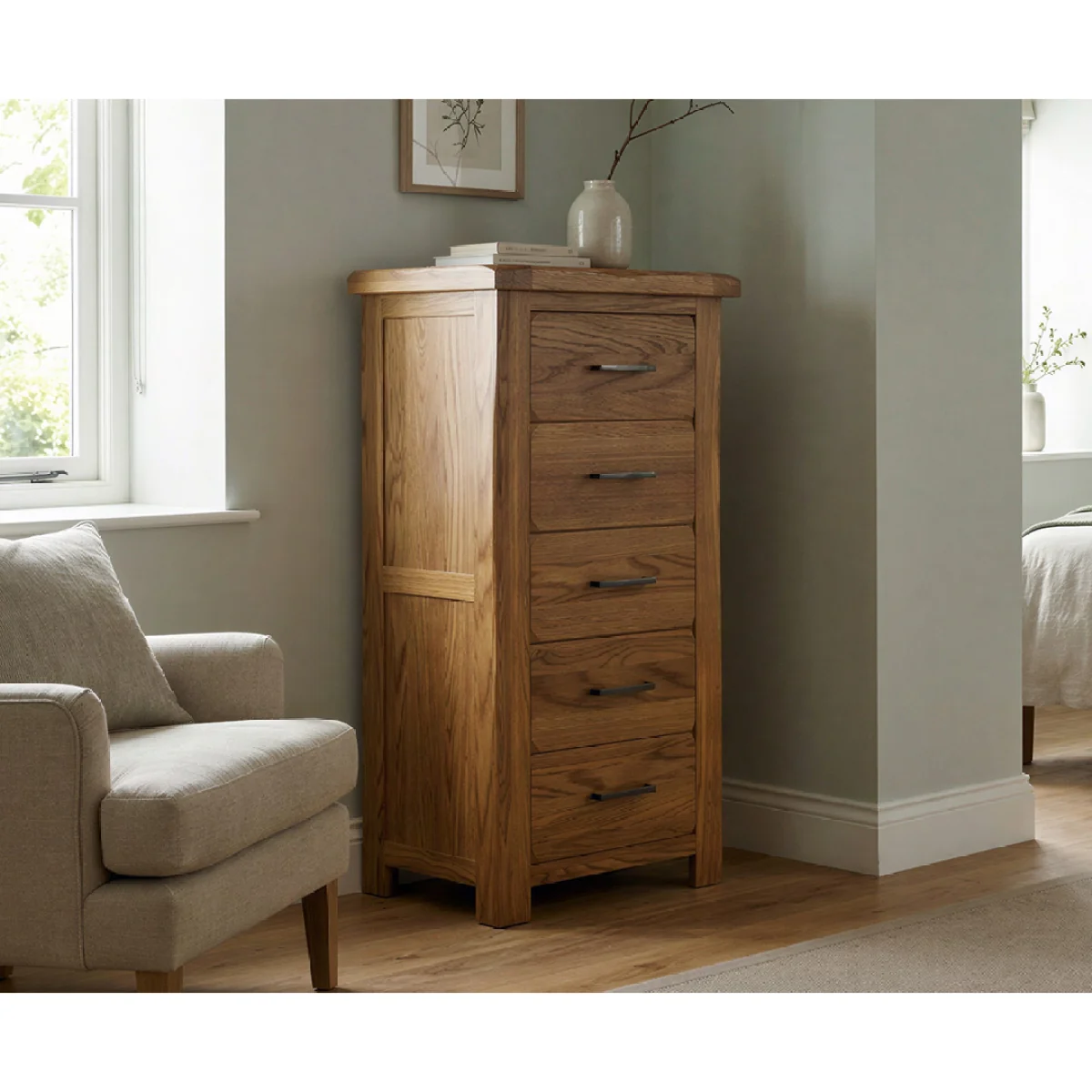 Harrogate Rustic Solid Oak 5 Drawer Tallboy – image 3