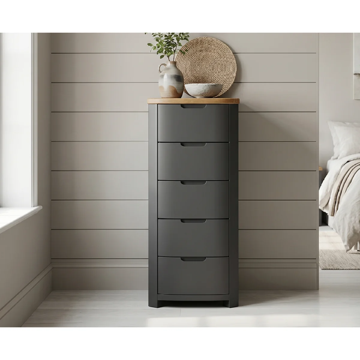 Bradwell Oak and Charcoal Painted 5 Drawer Tallboy – image 4