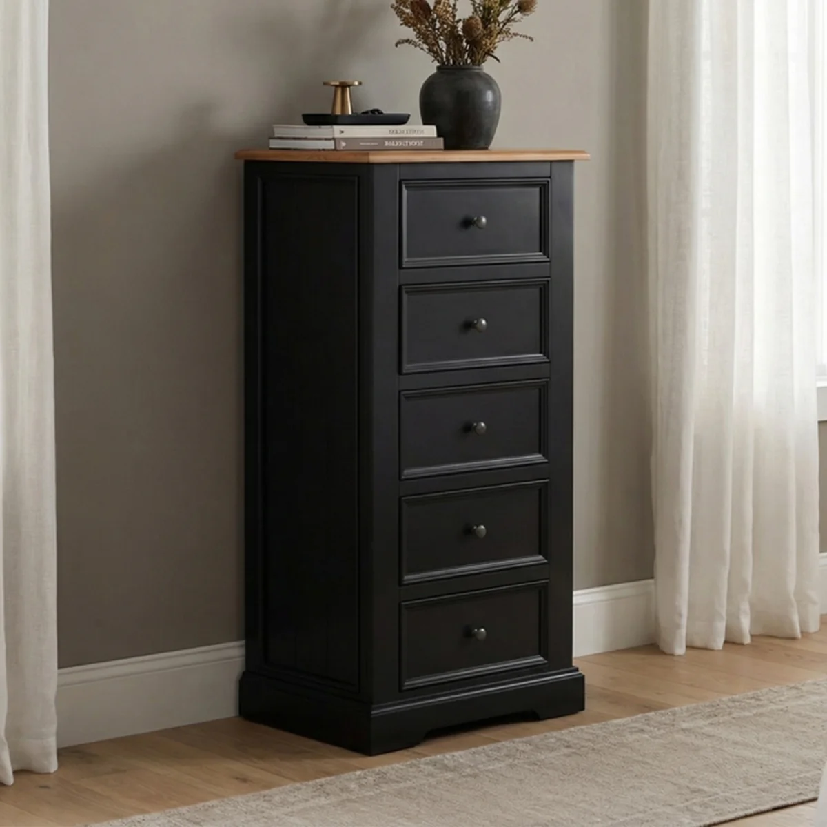 Charlton Oak and Black Painted 5 Drawer Tallboy – image 2