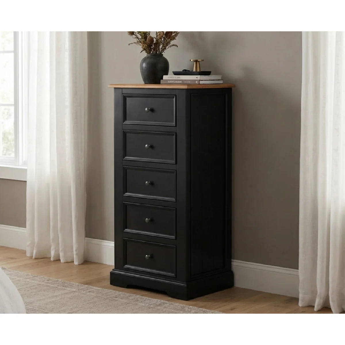 Charlton Oak and Black Painted 5 Drawer Tallboy – image 3