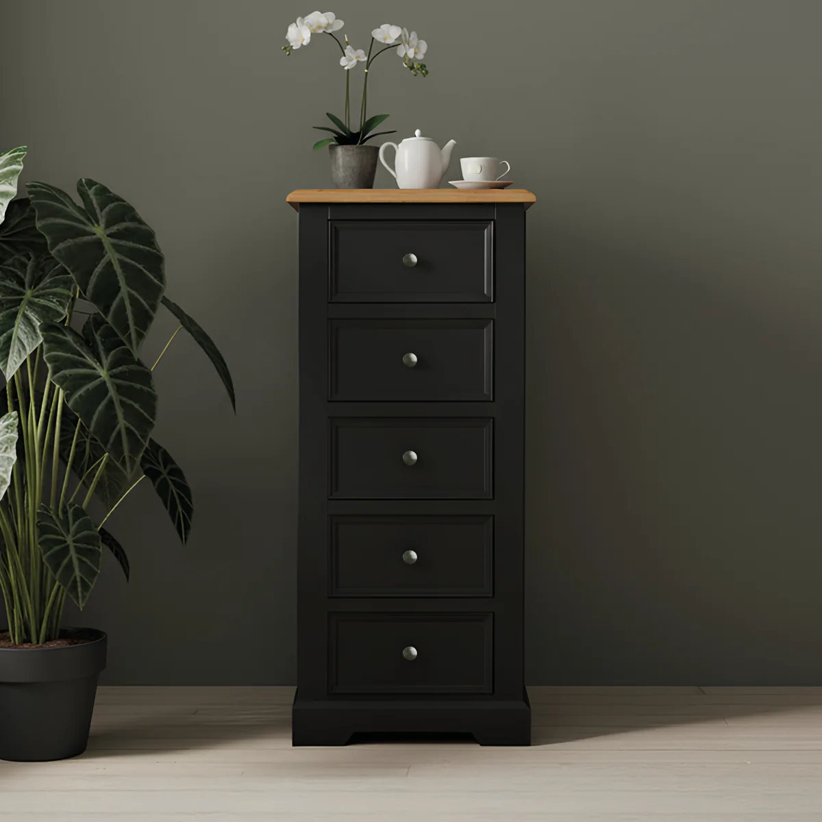 Charlton Oak and Black Painted 5 Drawer Tallboy – image 1