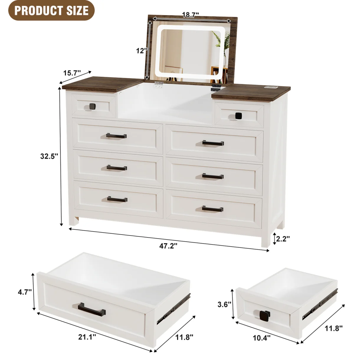 BROTTAR Chest of Drawers with Mirror and LED Lights for Bedroom Living Room - White – image 2