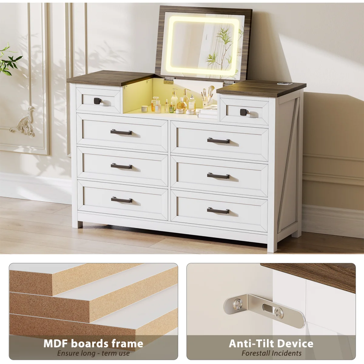 BROTTAR Chest of Drawers with Mirror and LED Lights for Bedroom Living Room - White – image 5