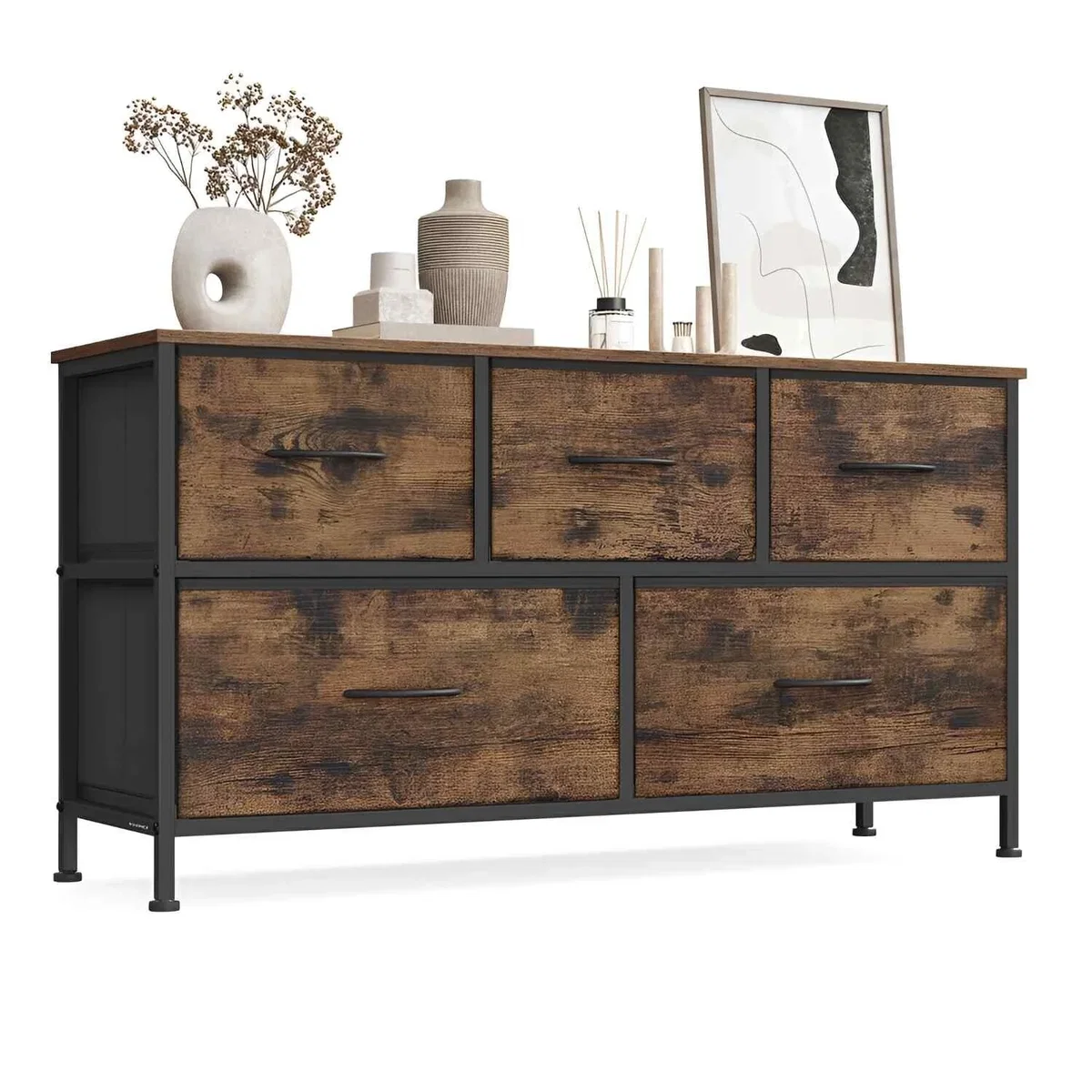 5 Drawer Fabric Dresser Storage Chest, Brown & Black - Rustic Brown, Ink Black – image 4