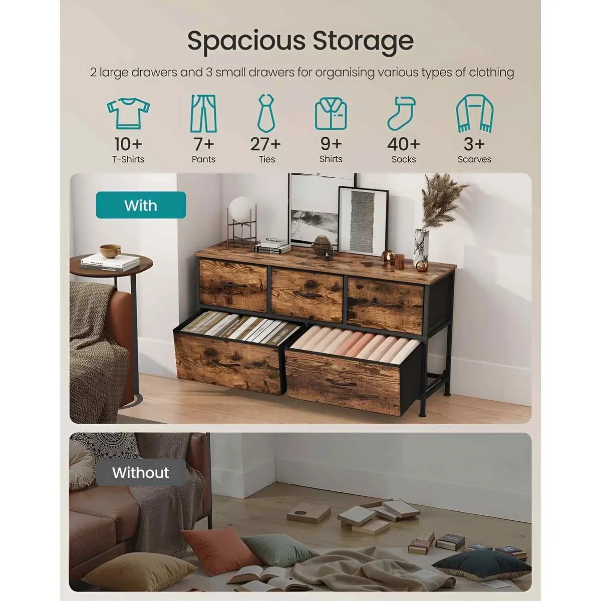 5 Drawer Fabric Dresser Storage Chest, Brown & Black - Rustic Brown, Ink Black – image 5