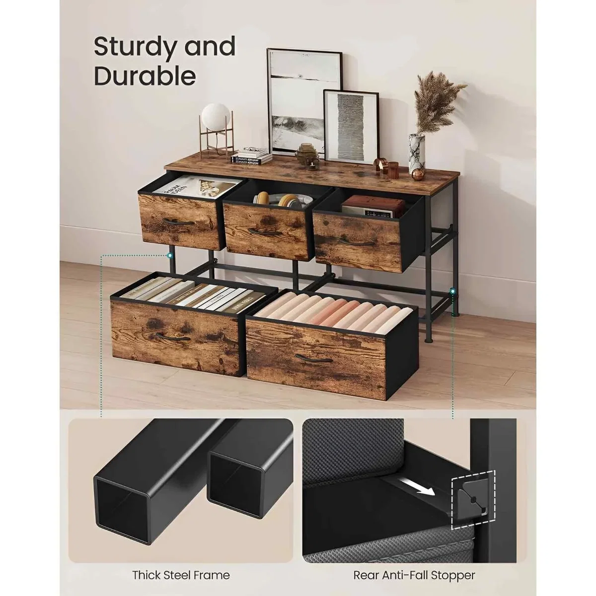 5 Drawer Fabric Dresser Storage Chest, Brown & Black - Rustic Brown, Ink Black – image 6