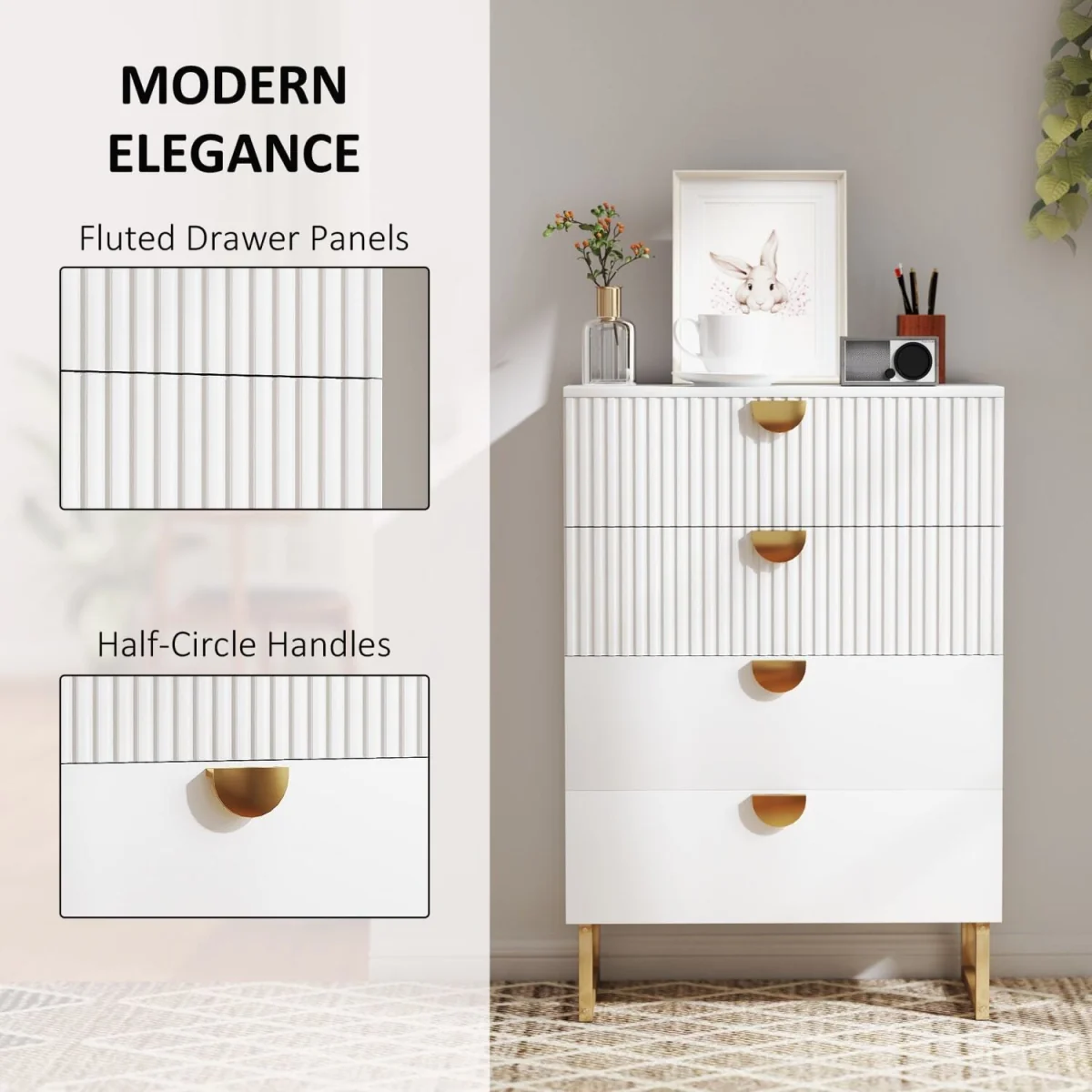 Nimise White 4-Drawer Chest of Drawers - Elegant Ridged Fronts – image 5