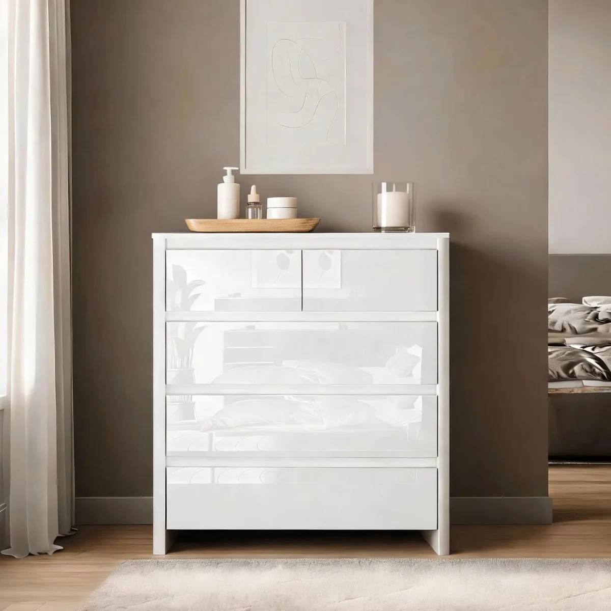 Ardenza White High Gloss 5 Drawer Chest - White & White Gloss – image 3