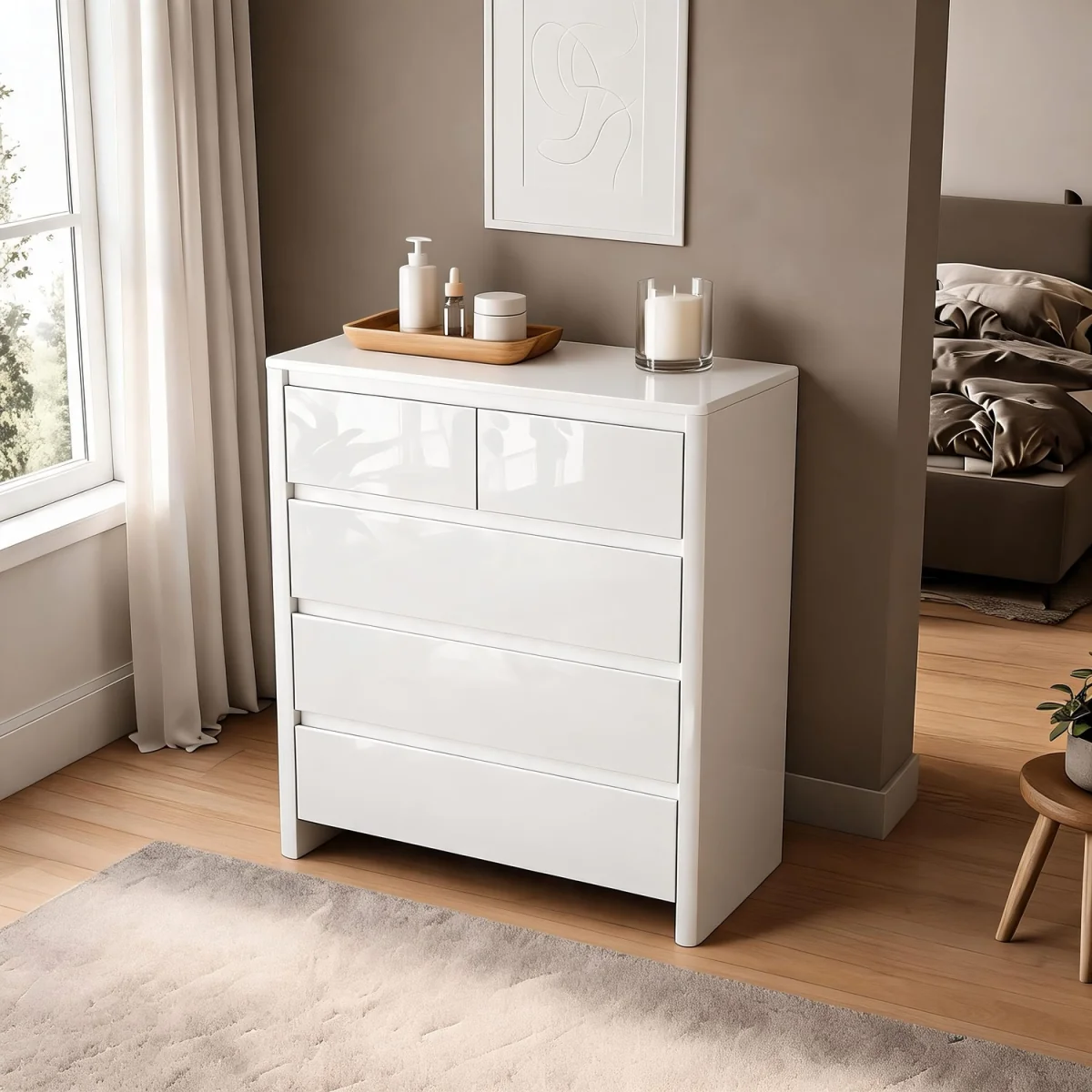 Ardenza White High Gloss 5 Drawer Chest - White & White Gloss – image 4