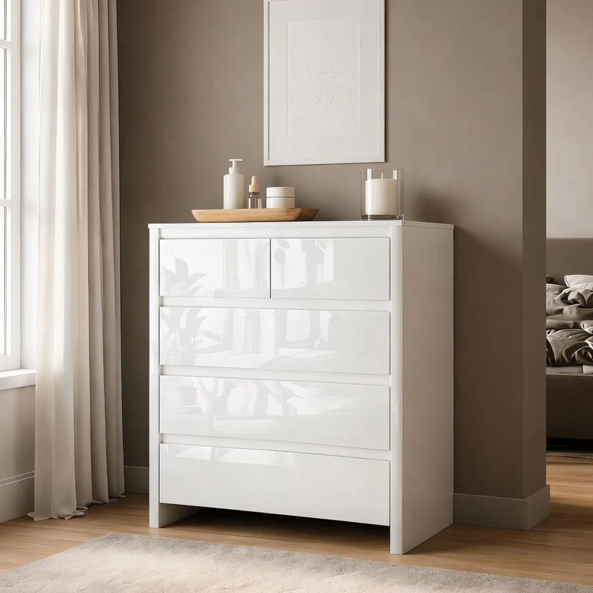 Ardenza White High Gloss 5 Drawer Chest - White & White Gloss – image 1