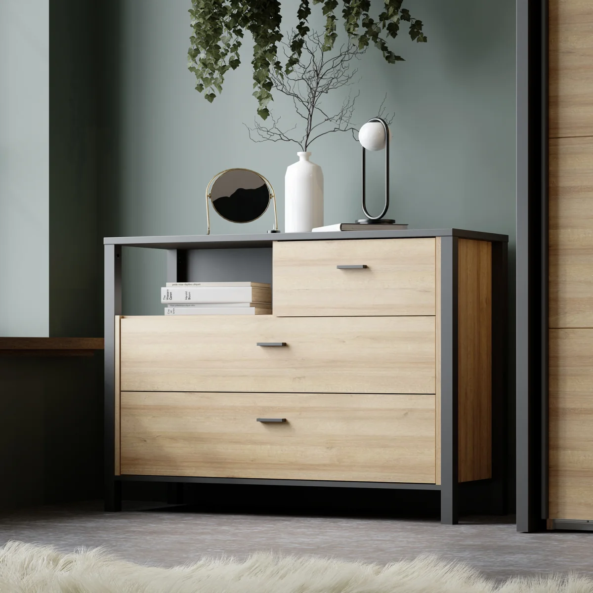 High Rock Chest of 3 Drawers in Matt Black/Riviera Oak - Black & Riviera Oak – image 1
