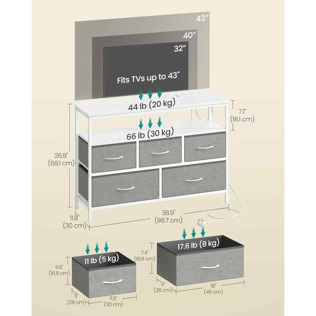 Fabric Chest of Drawers Steel Frame, Grey - Dove Grey – image 3