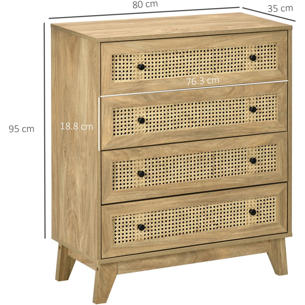 Rattan Chest of Drawers 4-Drawer Dresser Storage Organiser Bedroom - Natural wood finish – image 2