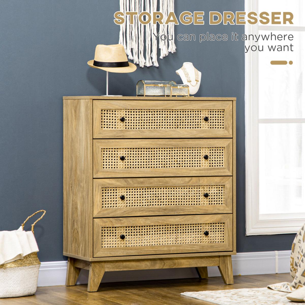 Rattan Chest of Drawers 4-Drawer Dresser Storage Organiser Bedroom - Natural wood finish – image 3