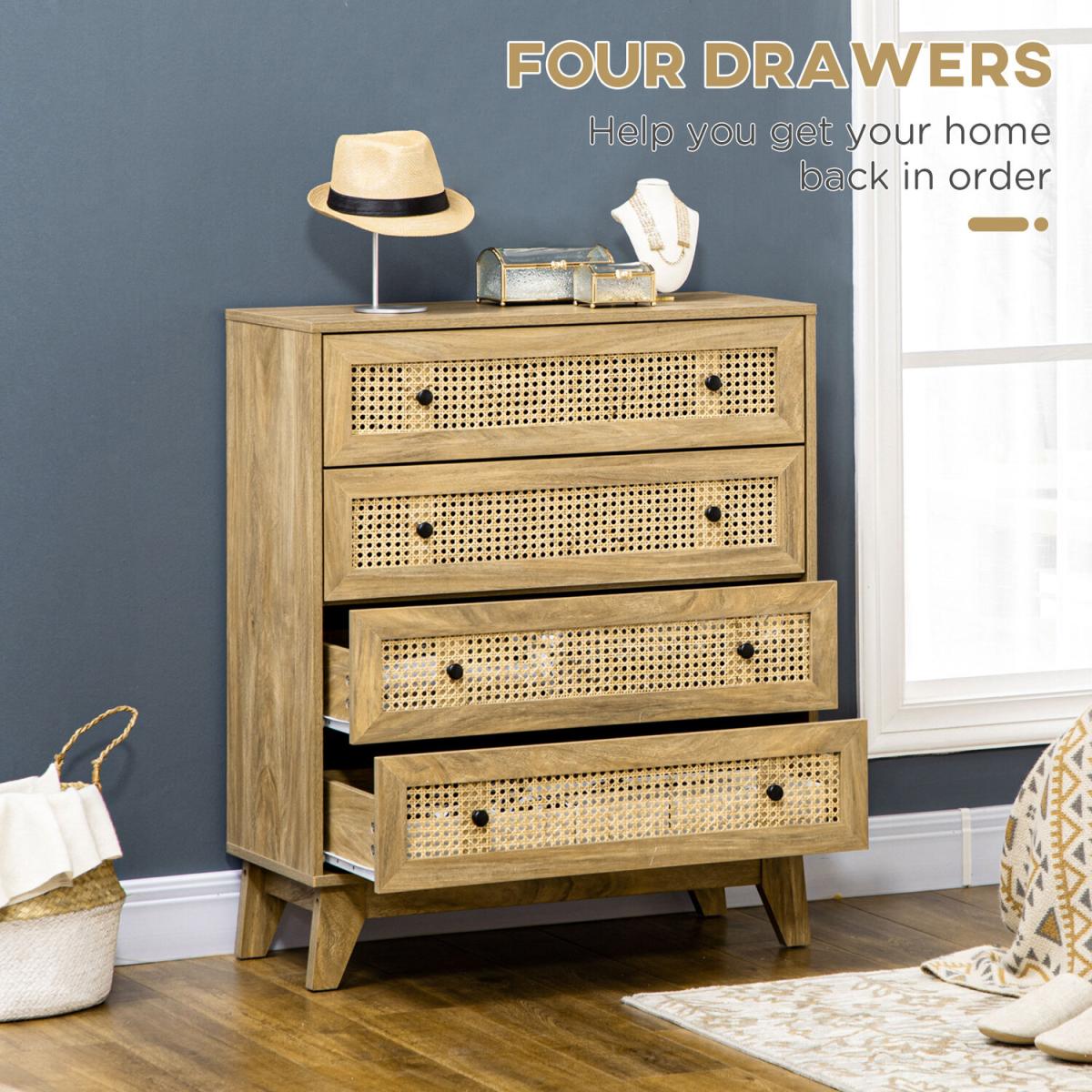 Rattan Chest of Drawers 4-Drawer Dresser Storage Organiser Bedroom - Natural wood finish – image 4