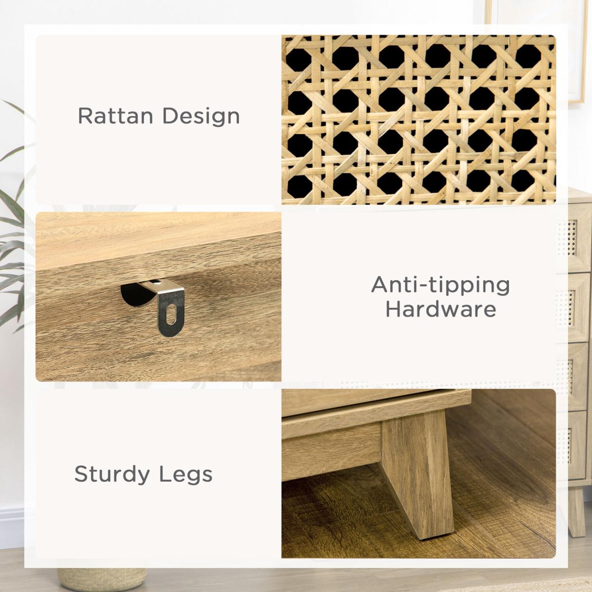 Rattan Chest of Drawers 4-Drawer Dresser Storage Organiser Bedroom - Natural wood finish – image 5