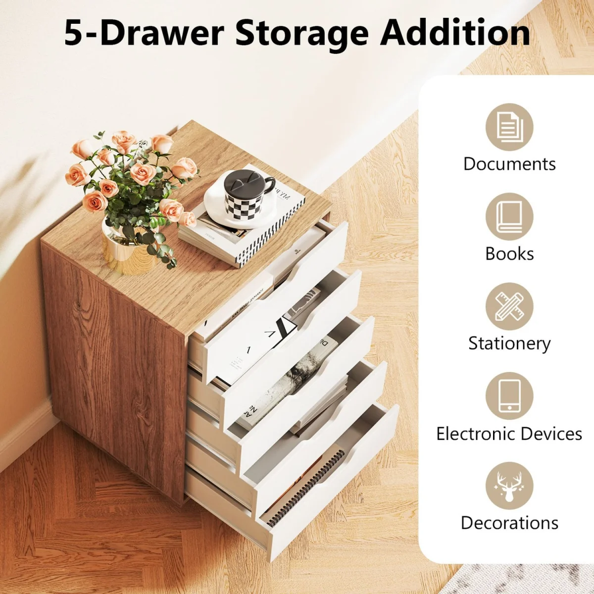 Wheeled Lockable 5-Drawer Dresser – image 3