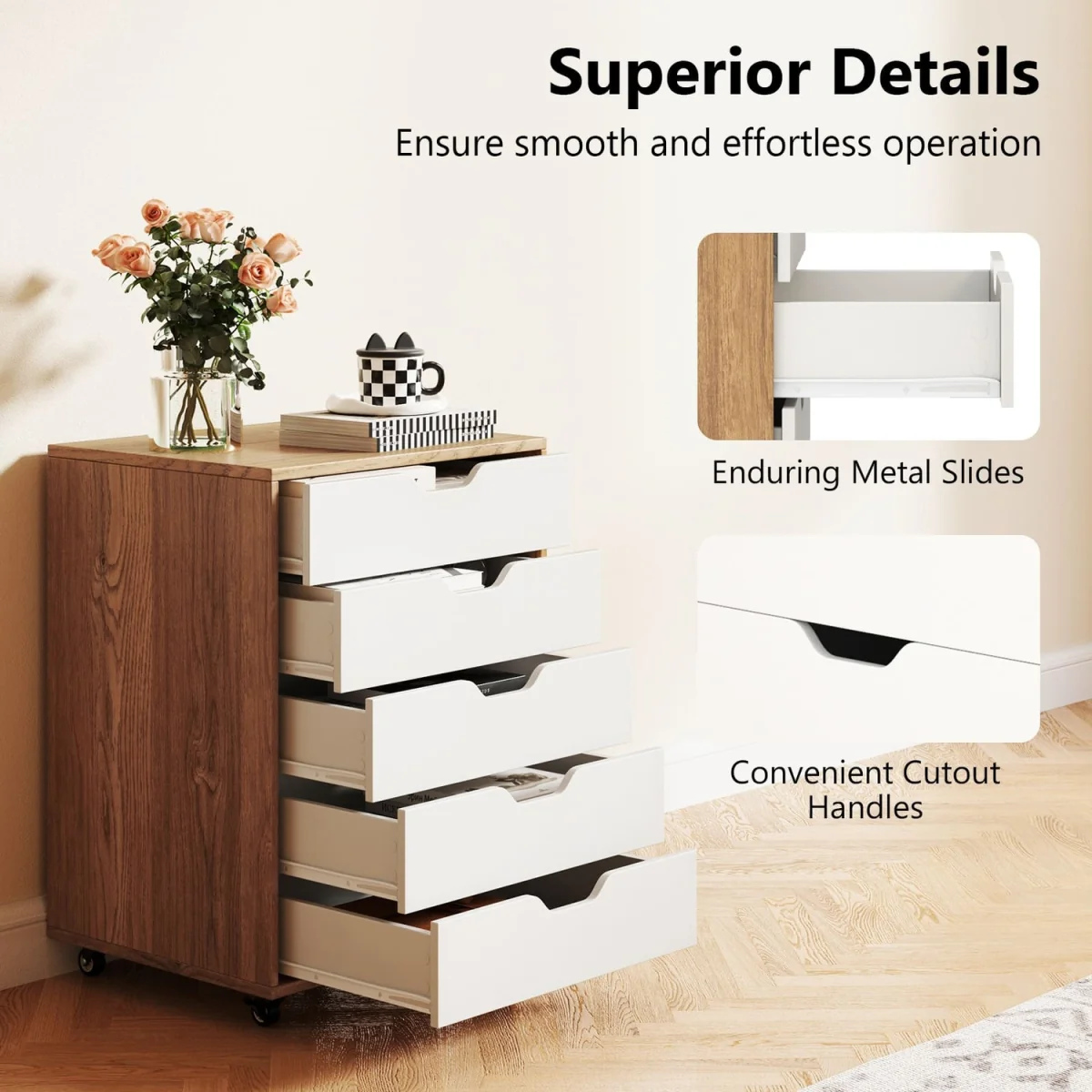 Wheeled Lockable 5-Drawer Dresser – image 9
